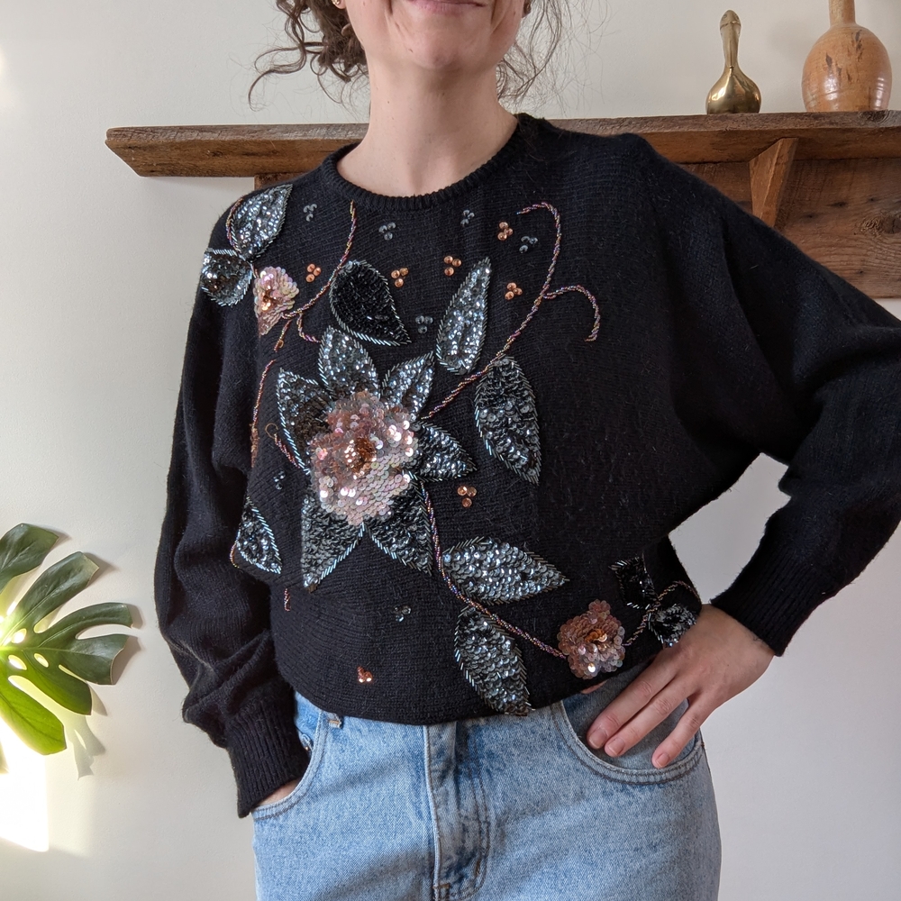 Vinatge Black Sweater with Sequin Floral Design